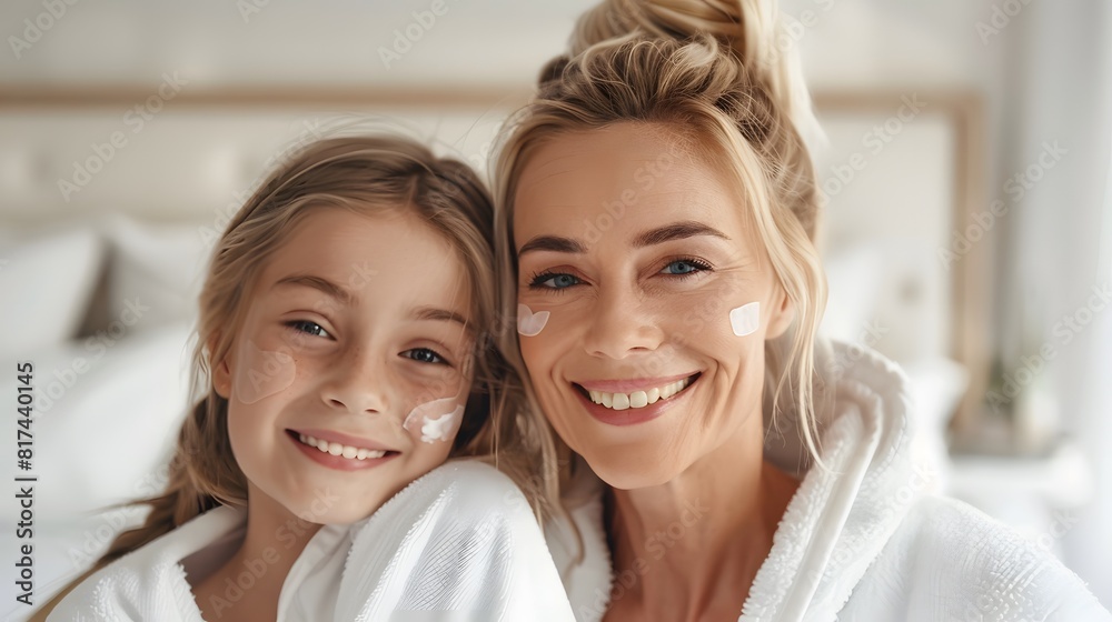 Happy caucasian mother with daughter wearing hydrogel patches smiling looking at camera on white background. Happy caucasian mother with daughter wearing hydrogel patches smiling looking at camera on white background.