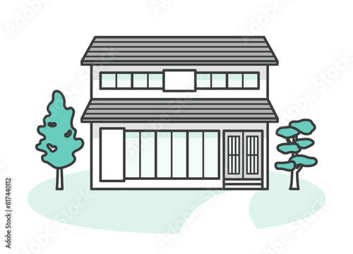 和風もしくは和モダンの二階建ての一軒家のイラスト