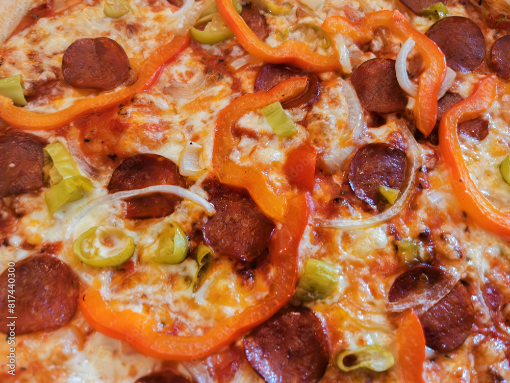 Pepperoni Pizza Diavolo with Red Peppers and Onions Pepperoni Pizza Diavolo with Red Peppers and Onions