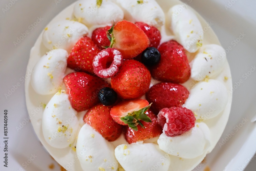A Japanese-style strawberry shortcake with fresh cream, strawberries, raspberries and blueberries in a white cake box from Maki’s Patisserie in Sydney, Australia A Japanese-style strawberry shortcake with fresh cream, strawberries, raspberries and blueberries in a white cake box from Maki’s Patisserie in Sydney, Australia