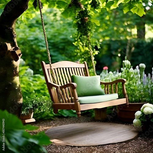 wooden swing chair in natural green garden © Ansar