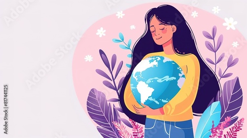 A beautiful illustration of a woman hugging the Earth. The woman is surrounded by flowers and plants. The image is a symbol of hope and love for our planet.