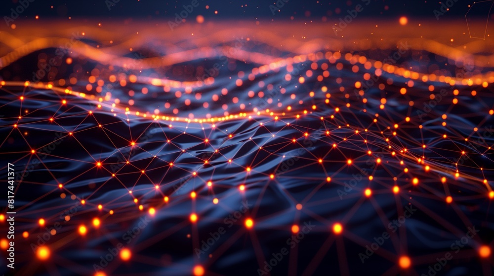 A network of glowing nodes and lines creating a deep 3D effect on an elegant, futuristic abstract backdrop. A network of glowing nodes and lines creating a deep 3D effect on an elegant, futuristic abstract backdrop.