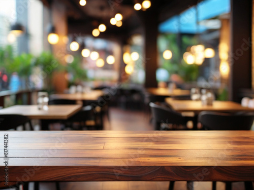 Wooden table top on blur coffe shop background © ajibriant