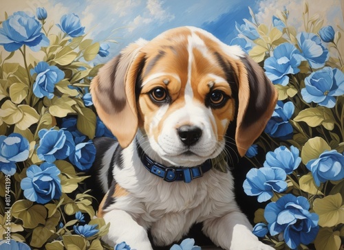 Adorable Beagle dog breed painting cute puppy with collar surrounded by blue flowers and an abstract blue background