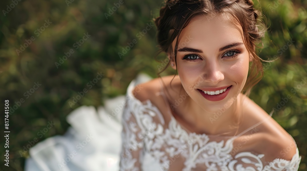 High View Portrait Of Beautiful Happy Bride Sitting On The Grass High View Portrait Of Beautiful Happy Bride Sitting On The Grass