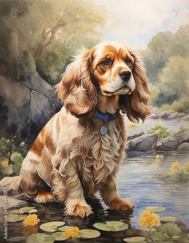 Sweet loveable Cocker Spaniel dog breed sitting by a shallow pond with a forest landscape as the background