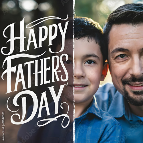 Happy father and son with happy fathers day lettering on blurred background