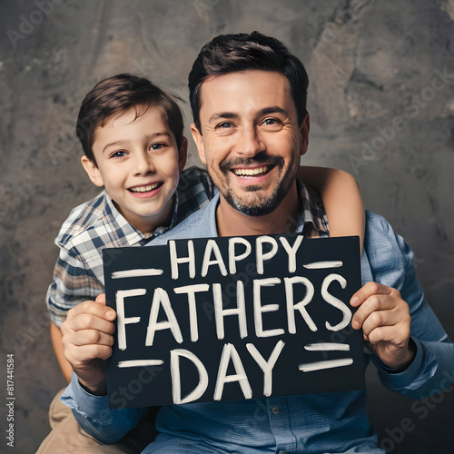 Happy father and son holding card with Happy Father's Day lettering