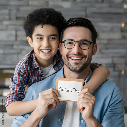 Happy father and son holding card with Happy Father's Day lettering