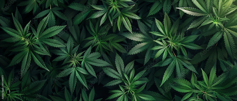 Cannabis leaves background. Photorealistic, detailed. Closeup of cannabis plants with big green leafs in an indoor grow room. Banner for poster or banner design with copy space area. Top view. High re Cannabis leaves background. Photorealistic, detailed. Closeup of cannabis plants with big green leafs in an indoor grow room. Banner for poster or banner design with copy space area. Top view. High re