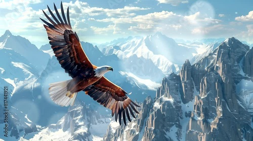 Majestic eagle soars high above rugged mountains. Anime or digital painting style, looping 4k video animation background photo