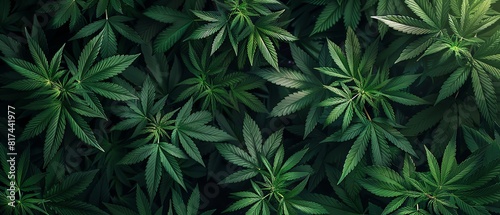 Cannabis leaves background. Photorealistic  detailed. Closeup of cannabis plants with big green leafs in an indoor grow room. Banner for poster or banner design with copy space area. Top view. High re