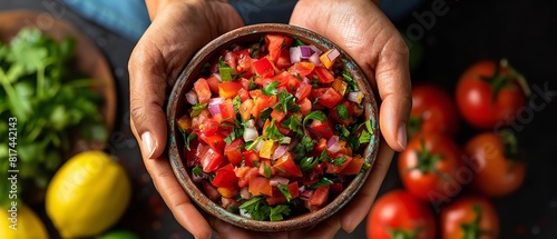Hands holding a vivid, simply prepared salsa in a black bowl that demonstrates the vivid green and vibrancy of the vegetal elements and space, Generative AI. photo