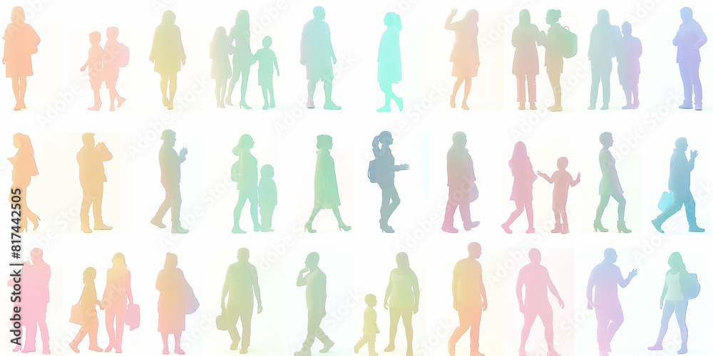 Rainbow colored silhouette of diverse group of people Rainbow colored silhouette of diverse group of people