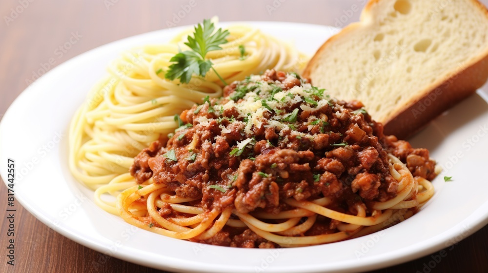 spaghetti bolognese with garlic bread wooden table spaghetti bolognese with garlic bread wooden table