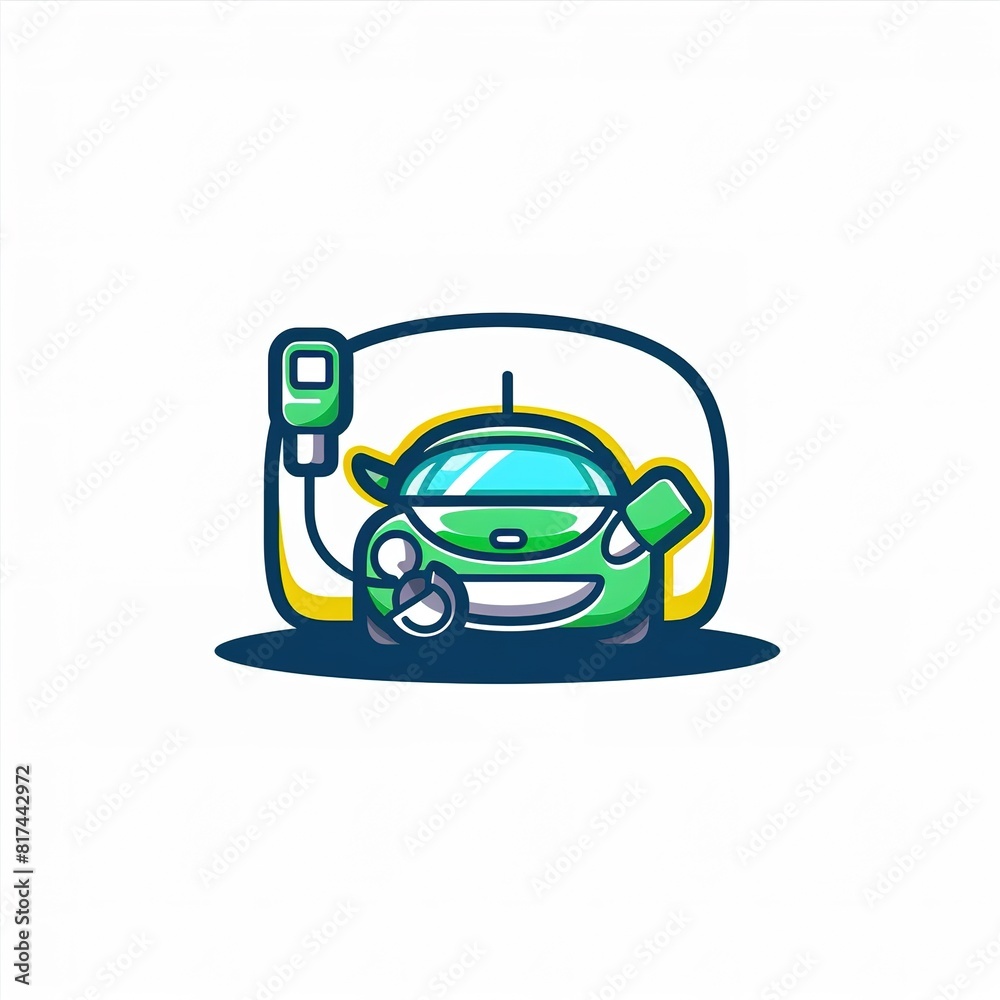 Electric car with plug green icon symbol, EV car hybrid vehicles charging point logotype, Eco friendly vehicle concept,, Sticker, Adorable, Saturated Colors, Street Art, Contour, , White Background