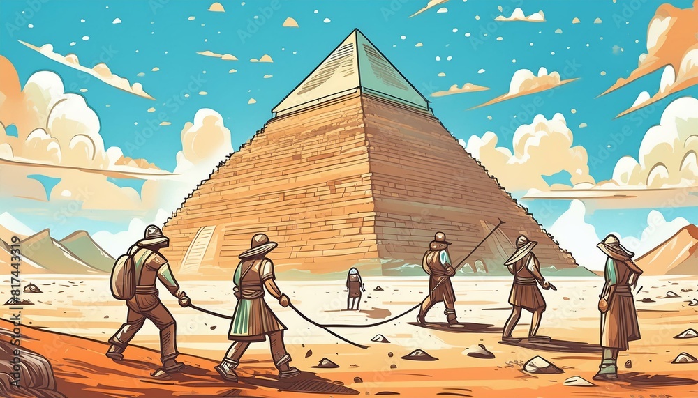 Obraz premium ancient workers building huge pyramid in desert with sand, salt and sky; hand drawn sketch for tattoo