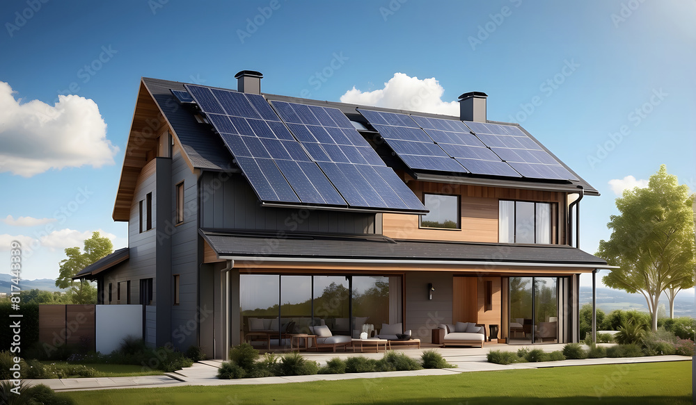 House with solar panels on the roof Sustainable and clean energy at home House with solar panels on the roof Sustainable and clean energy at home
