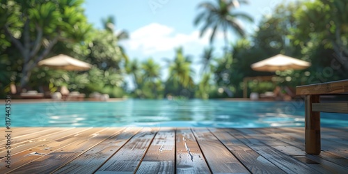 A close shot of an empty wooden table with a blurry swimming pool background and big space for text or product advertisement purpose, Generative AI.