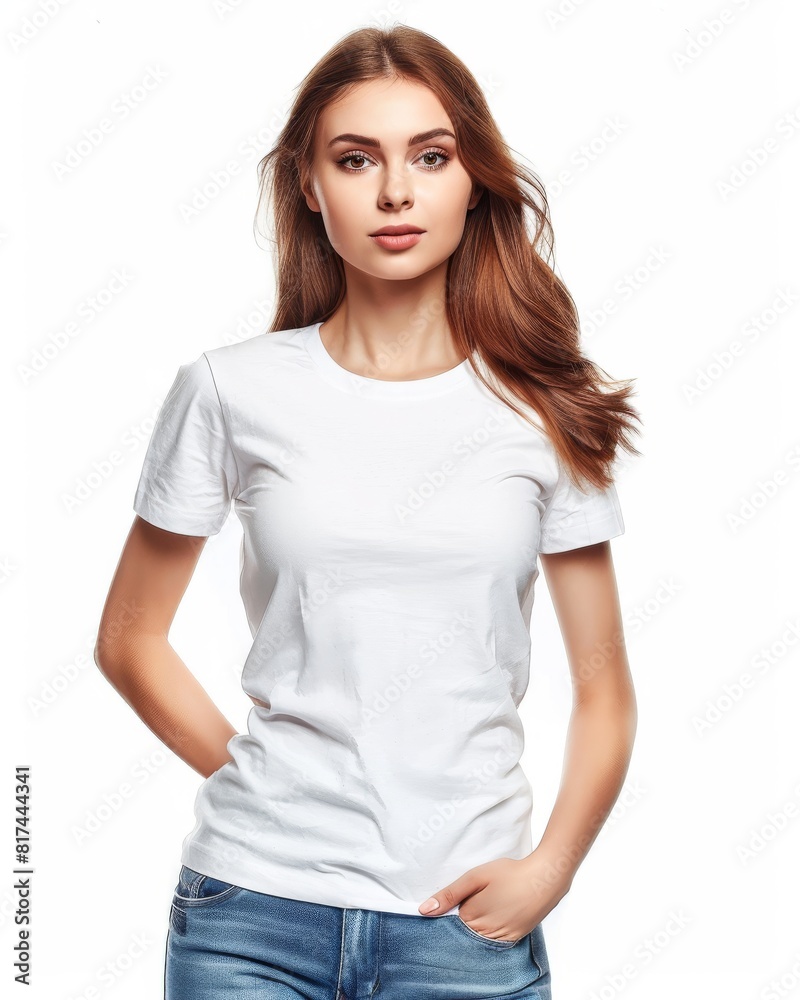A young woman with long hair posing confidently in a blank white T-shirt and blue jeans, isolated on a white background A young woman with long hair posing confidently in a blank white T-shirt and blue jeans, isolated on a white background