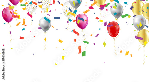 Festive background showcasing floating balloons with various patterns and vibrant confetti, ideal for celebrations