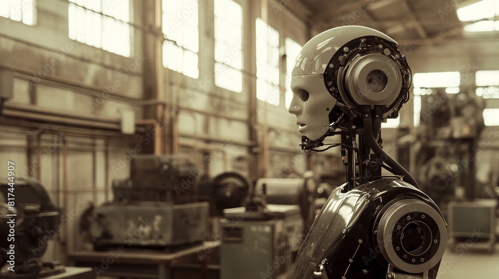 Fototapeta premium Humanoid robot with white casing in a detailed industrial workshop.