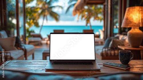 Mockup of modern laptop at beach resort, AI-generative