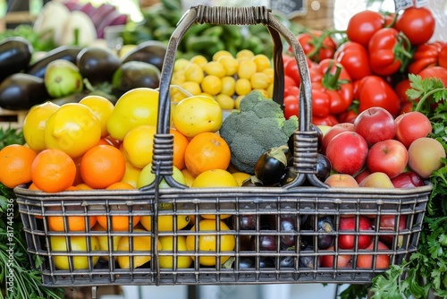 A shopping basket filled with fresh fruits and vegetables at a farmer s market