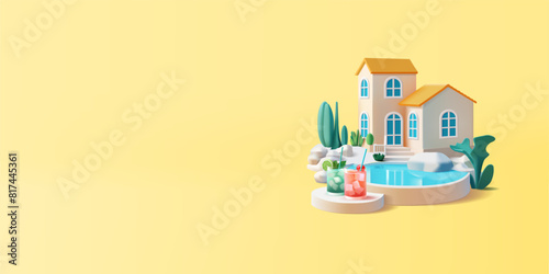 3D house with a pool and cocktails. Banner for advertising tourism, booking, and retreat in apartments near the sea, outside the city. Vector