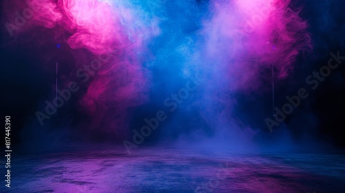 Dark stage shows, blue, and purple background, an empty dark scene, laser beams, neon, spotlights reflection on the asphalt floor, studio room with smoke floating up for display products.