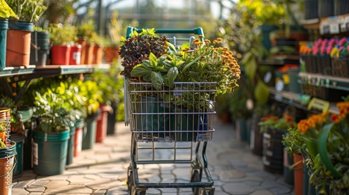 A shopping cart filled with gardening supplies in a garden center photo