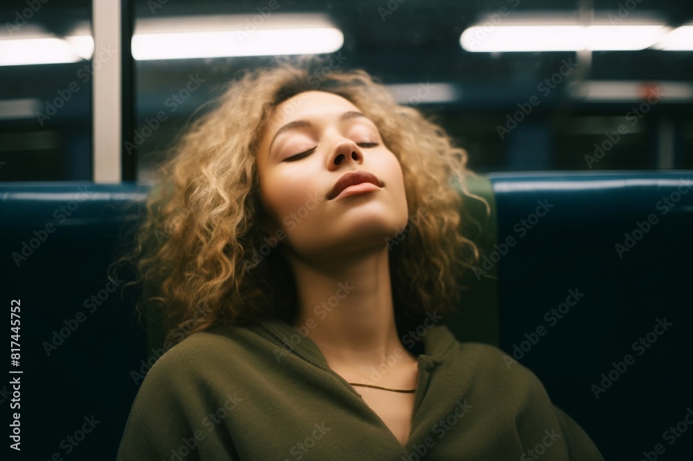 Woman with eyes closed relaxing in subway train