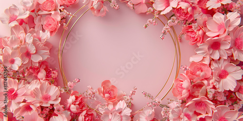 Beautiful pink background with flowers and copy space. Empty space for text. Frame  backdrop. Summer  spring  blossom. Woman s or Mother s Day  Birthday.