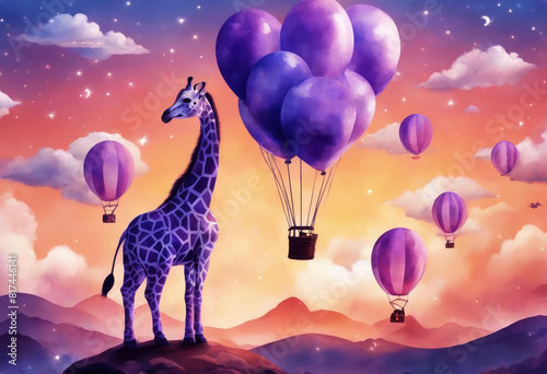 'purple watercolor cute giraffe illustration safary complete animal sky fancy scene baby balloons airplanes clouds boy girl pattern shower skydiving balloon childhood' photo