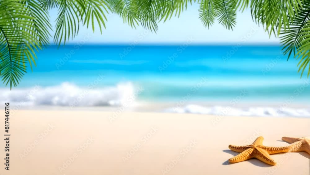 Beach with palm trees and starfish. Seamless looping time-lapse 4k video animation background