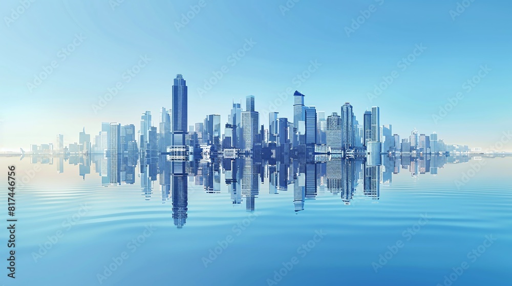 Stunning modern city skyline with skyscrapers reflecting on water. High-resolution 3D rendering of urban nightscape, perfect for business, real estate, and building industry concepts.
