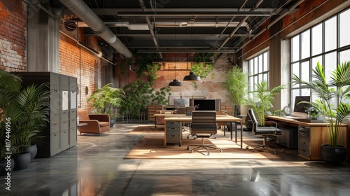 Office interior in loft  industrial style  3d render