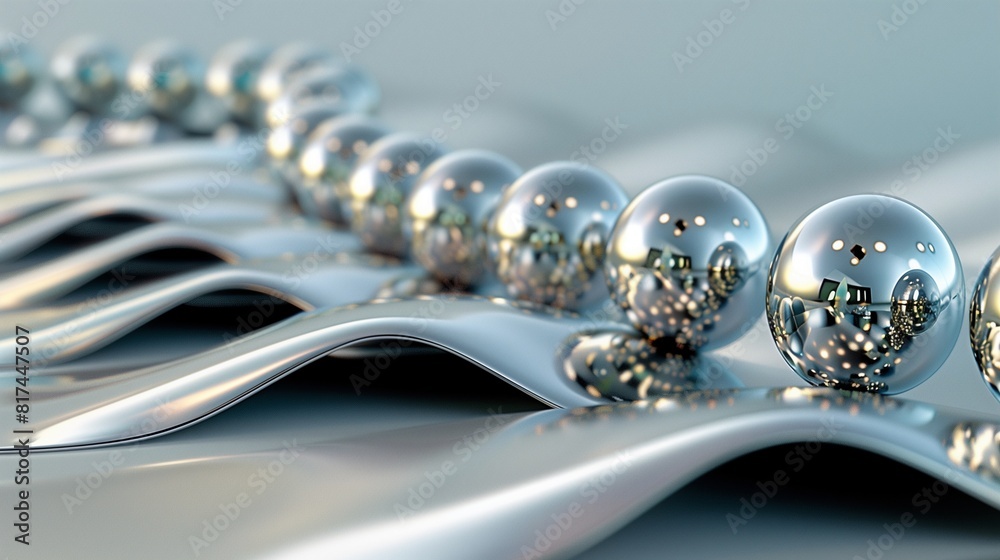 A wave of metallic spheres creating a rippling 3D effect on a monochromatic gradient background. A wave of metallic spheres creating a rippling 3D effect on a monochromatic gradient background.