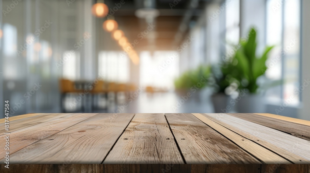Wood Table On Blurred of Office Building.