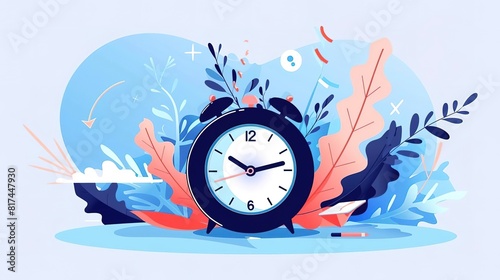 A beautiful illustration of a clock surrounded by colorful leaves and flowers