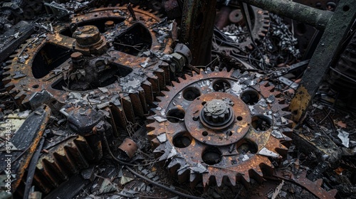 Broken metal gears gears and other machinery tered throughout the site now useless and forgotten. photo