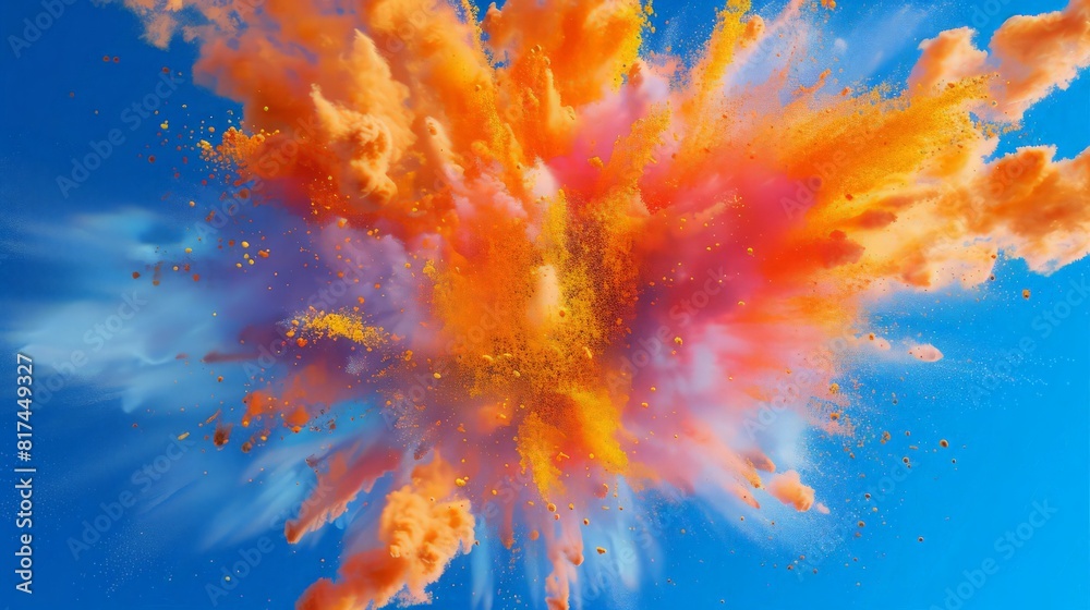 Abstract colourful particles explosion on the blue background.