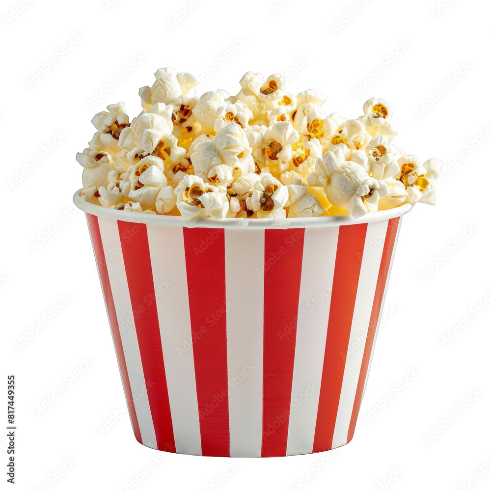 Popcorn in a red and white striped paper cup isolated on a transparent background cutout. Popcorn in a red and white striped paper cup isolated on a transparent background cutout.