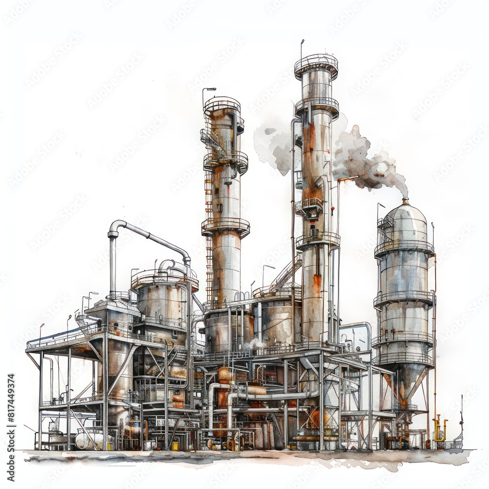 industrial chemical plant illustration, watercolored with black outline drawing on a white background
