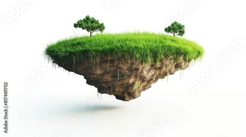 Flying land with beautiful landscape  green grass and waterfalls mountains  isolated on white background. 3d illustration of floating forest island. 3d illustration of flying paradise rock flying land