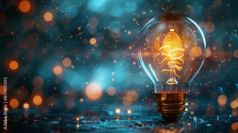 A light bulb is lit up in a blurry, colorful background
