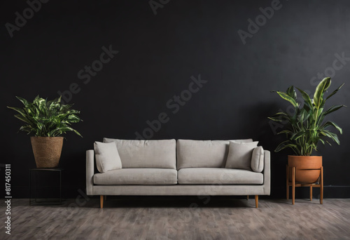 interior sofa and potted plant with black wall