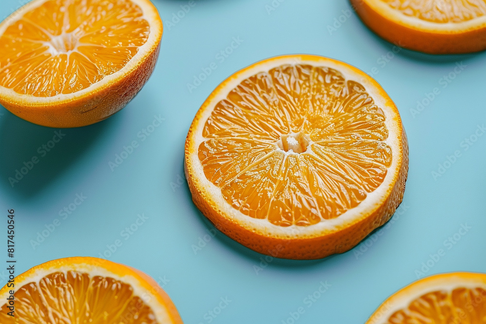 Slices of juicy orange on light blue background. Slices of juicy orange on light blue background.