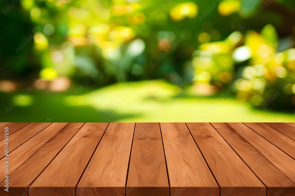 empty wooden table top with a blurred background of a lush green garden - Perfect for Outdoor, Nature, and Garden Designs and for Product Display Table empty wooden table top with a blurred background of a lush green garden - Perfect for Outdoor, Nature, and Garden Designs and for Product Display Table